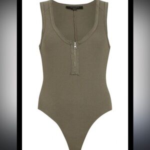 All Saints Alicia ribbed utility green Zip-Front Ribbed bodysuit